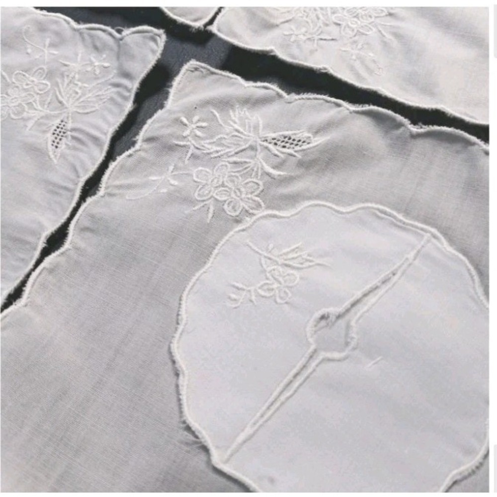 Vintage Set of Six Embroidered Linen Cocktail Napkins And Glass Slippers